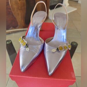 Valentino Garavani Metallic Silver Heels with Flowers